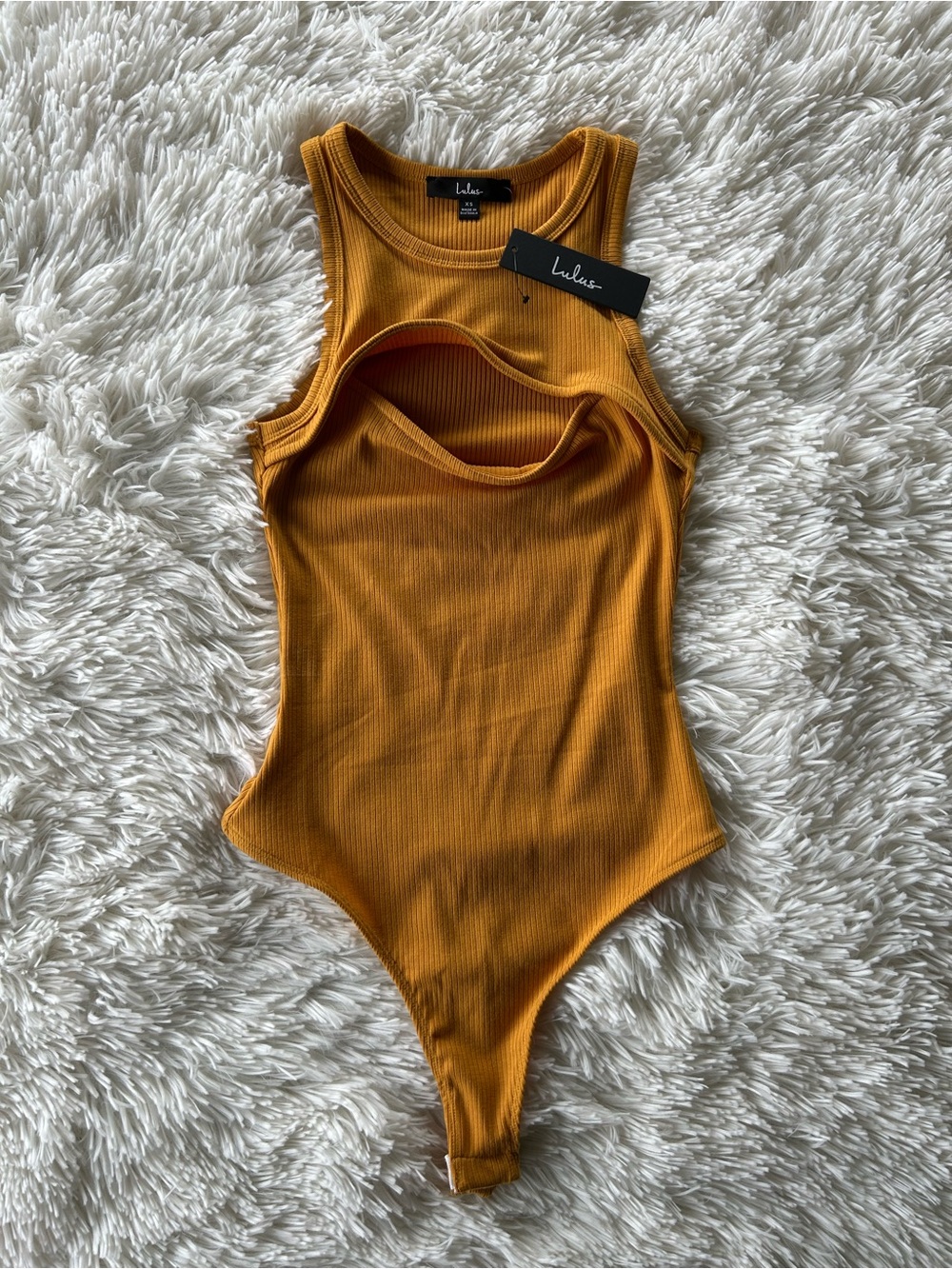 Lulu's | Ribbed Mustard Cutout Bodysuit - Picture 4 of 4